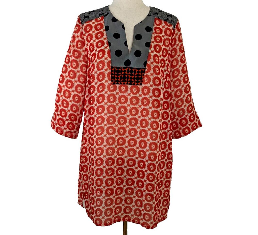 Alembika Women's 10 Geometric Orange Black Chiffon Tunic Top